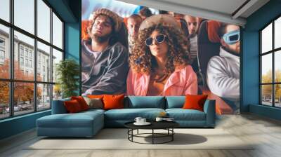 A group of relaxed passengers sitting in an airplane, wearing casual attire and oversized sunglasses, creating a laid-back atmosphere during their flight.

 Wall mural