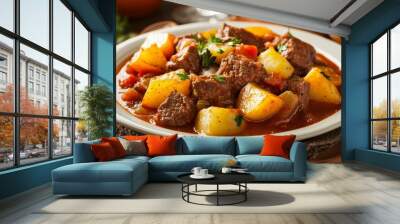 A hearty beef stew with potatoes and vegetables, served in a white bowl, perfect for a comforting meal. Wall mural