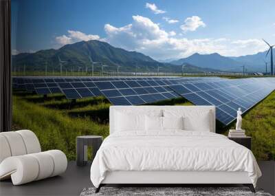 A landscape featuring solar panels in a green field, surrounded by mountains and wind turbines, highlighting renewable energy sources. Wall mural