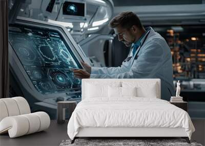 A medical professional interacts with a futuristic touchscreen interface in a high-tech laboratory setting. Wall mural