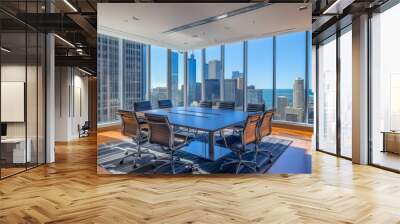 A modern conference room with a large table and city skyline views, designed for business meetings and collaboration. Wall mural