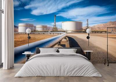 A modern industrial facility with large storage tanks and pipelines under a clear blue sky in a remote landscape. Wall mural