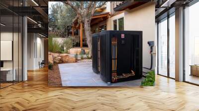 A modern outdoor heat pump system installed beside a home, surrounded by landscaping and natural elements. Wall mural