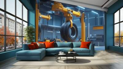 A modern workshop featuring a tire being lifted by an industrial crane, showcasing advanced machinery and tools. Wall mural