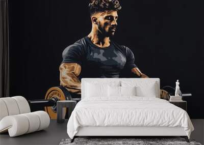 A muscular man lifting a barbell, showcasing strength and fitness in a dynamic pose. Wall mural