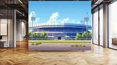 A pixel art illustration of a large sports stadium against a backdrop of clear blue sky and fluffy clouds Wall mural