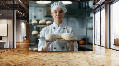 A professional female chef in uniform holding a baking tray with warm and fresh bread, standing in a modern kitchen Wall mural