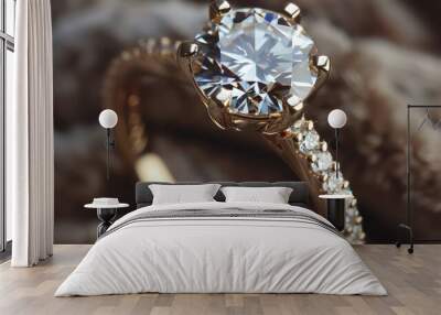 a radiant diamond engagement ring resting on a plush fabric surface, highlighting its shine and elegance Wall mural