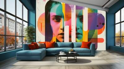 A retro-colored collage featuring women, combining photography with flat graphic shapes, designed for a banner poster advertisement Wall mural