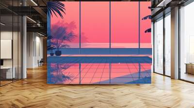 A serene illustration of a modern balcony overlooking a tropical sunset with silhouettes of palm trees and a reflective floor Wall mural