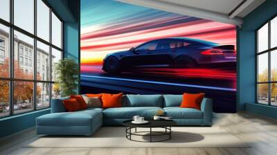 A sleek black car speeding along a vibrant, blurred landscape at sunset. Wall mural