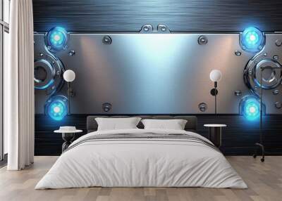 A sleek metallic panel with blue lights, ideal for futuristic or technological designs. Wall mural