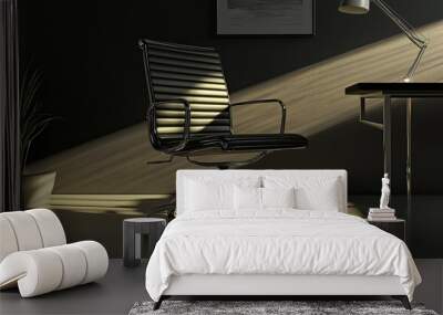 A sleek office chair beside a modern desk, illuminated by soft light, creating a serene workspace atmosphere. Wall mural