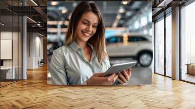 A smiling woman using a tablet in a car dealership showroom stands with new cars visible in the blurred background Wall mural