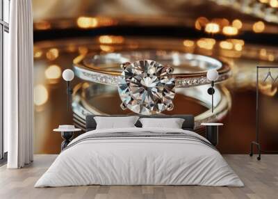 A sparkling diamond engagement ring set on a reflective surface, showcasing elegance and luxury. Wall mural