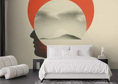 a striking silhouette of a person with a vibrant sun and tranquil landscape overlaid on the head are Wall mural