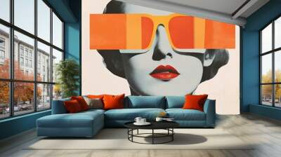 A stylized portrait of a woman with oversized, colorful sunglasses and bold red lips, showcasing retro fashion aesthetics. Wall mural