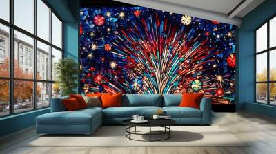 A textured abstract Cubism painting of fireworks in the city night sky, perfect for New Year and winter holiday-themed wall decor. Wall mural