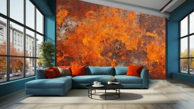 A textured surface showcasing vibrant orange and rust tones, resembling weathered metal or natural decay. Wall mural