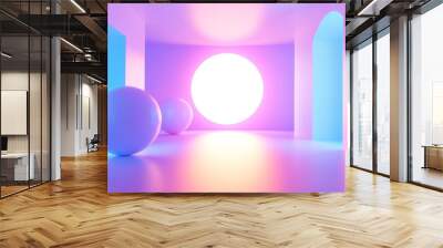 A vibrant, abstract space featuring glowing spheres and a large illuminated circle. Wall mural