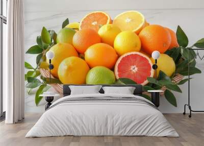 A vibrant assortment of citrus fruits in a woven basket, showcasing freshness and color. Wall mural