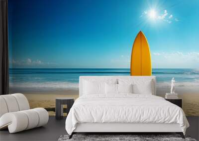 A vibrant yellow surfboard stands on a sandy beach, with clear blue skies and gentle waves in the background. Wall mural