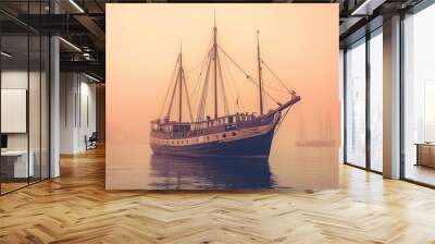 A vintage sailing ship anchored in a misty harbor at dawn, creating a serene and atmospheric scene. Wall mural