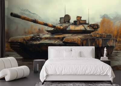 A weathered tank sits in a rugged landscape, showcasing military technology amidst nature's beauty. Wall mural