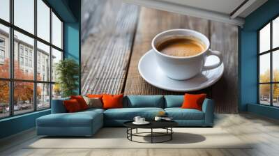 A white ceramic cup filled with espresso sits on a rustic wooden table, highlighting a sense of warmth and energy Wall mural