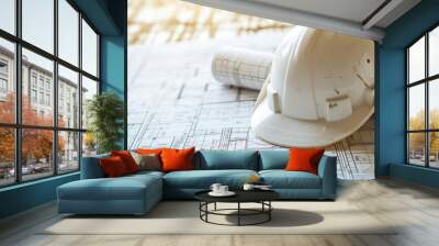 a white construction helmet tilts over a rolled-up blueprint, resting atop a flat blueprint Wall mural