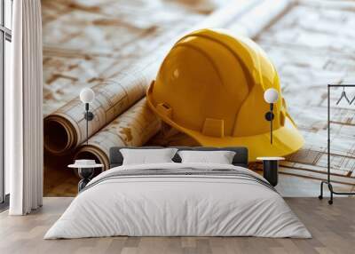 a yellow construction helmet tilts over a rolled-up blueprint, resting atop a flat blueprint Wall mural