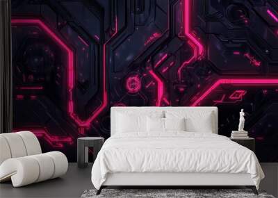 Abstract digital circuit design with neon pink accents on a dark background. Wall mural