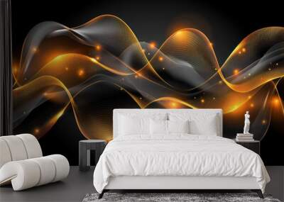 An artistic digital rendering of orange and gold glowing waves with particles on a dark background, giving a sense of motion and energy Wall mural