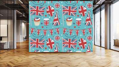 uk seamless vector party pattern with flags, balloons, treats and bunting Wall mural