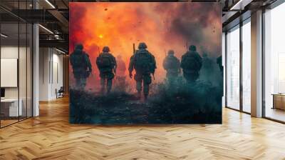 battle of the military in the war. military troops in the smoke. Wall mural