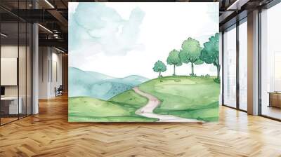 Beautiful watercolor landscape with hills, trees, and cloudy sky. Wall mural