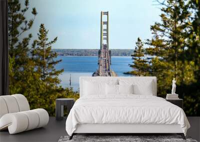 Mackinac Bridge through trees with blue sky and water showing traffic on bridge Wall mural