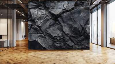 Black rock texture background. Rough mountain surface with cracks. Black stone background with space for design Wall mural