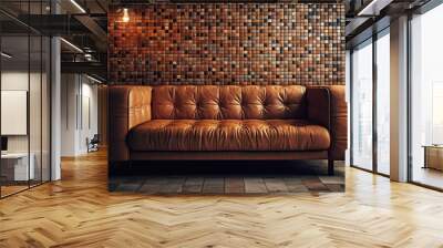 brown leather sofa against tiled mosaic wall. loft interior design of modern living room. Wall mural