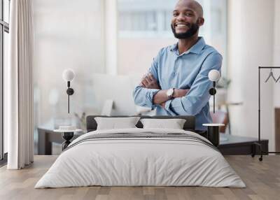 Black man in business, arms crossed and smile in portrait with confidence, mockup space and professional mindset. Career mission, ambition and empowered happy male employee in corporate workplace Wall mural