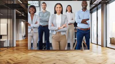 Business people, portrait smile and team with arms crossed in corporate collaboration or diversity at the office. Group of diverse confident employee workers smiling in teamwork vision at workplace Wall mural