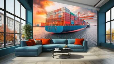 Captivating sunset hues with a large cargo ship carrying containers on a tranquil sea Wall mural