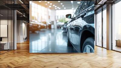 Car showroom concept background showcasing a close-up of a new car ready for purchase Wall mural