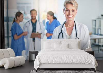 Medical, doctor and tablet with portrait of woman in hospital for digital report, networking or expert research. Medicine, healthcare and app with female physician for technology, results or internet Wall mural