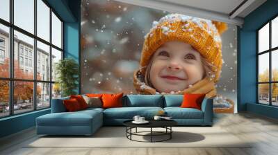 Child catching snowflakes tongue in winter clothes having fun. Kid wearing warm hat walking in winter park. Boy fall into snow in mountain country in snowy forest. Baby playing snow among snowdrifts. Wall mural