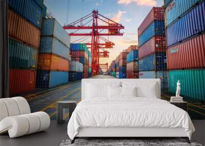 Clear day at a container terminal with an overhead crane moving vibrant red and blue containers Wall mural