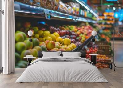 Colorful and organized display of fruits and vegetables in a grocery store aisle inviting customers for healthy choices Wall mural