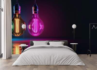 Colorful light bulbs lined up on dark background Wall mural