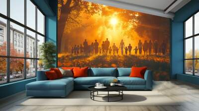 community large family in the park. a large group of people holding hands walking silhouette on nature sunset in the park. big family kid dream concept. people in the park. large sunlight family. Wall mural