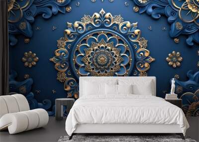 Decorative 3D wallpaper for the ceiling adorned with a blue and golden mandala design within a decorative frame backdrop. Wall mural